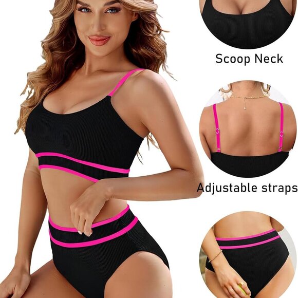 Women's High Waisted Bikini Ribbed Two Piece Swimsuit in Black & Pink, Size X-la - Picture 3 of 6